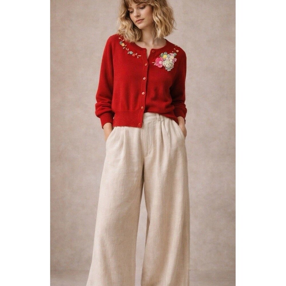 Naranka Red Cardigan Floral Applique Embroidered Vintage Style Sweater